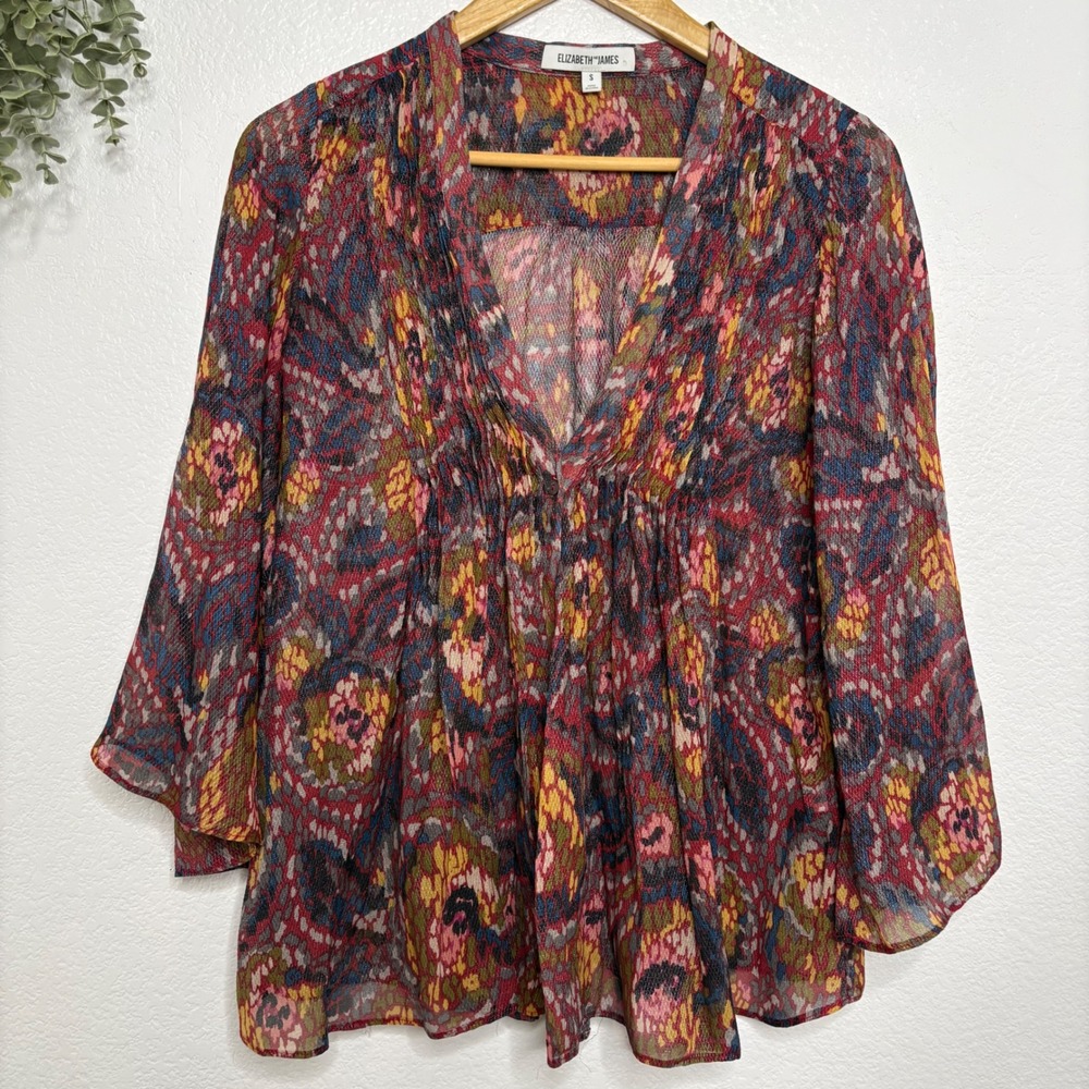 Elizabeth and James Silk Metallic Paisley V-Neck Bell Sleeve Blouse Small Multi - Picture 2 of 8